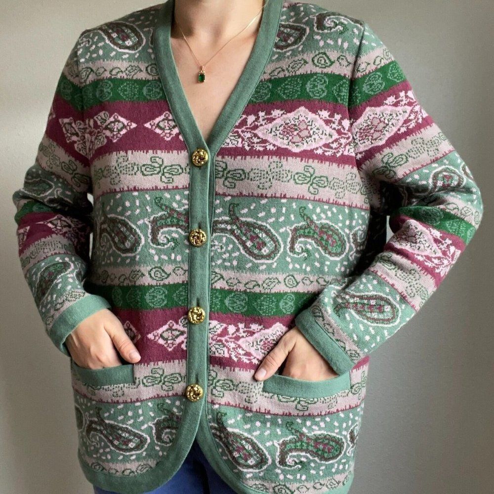 Vintage 80s Womens Pink Green Paisley Striped Oversized Grandma Cardigan Sz L